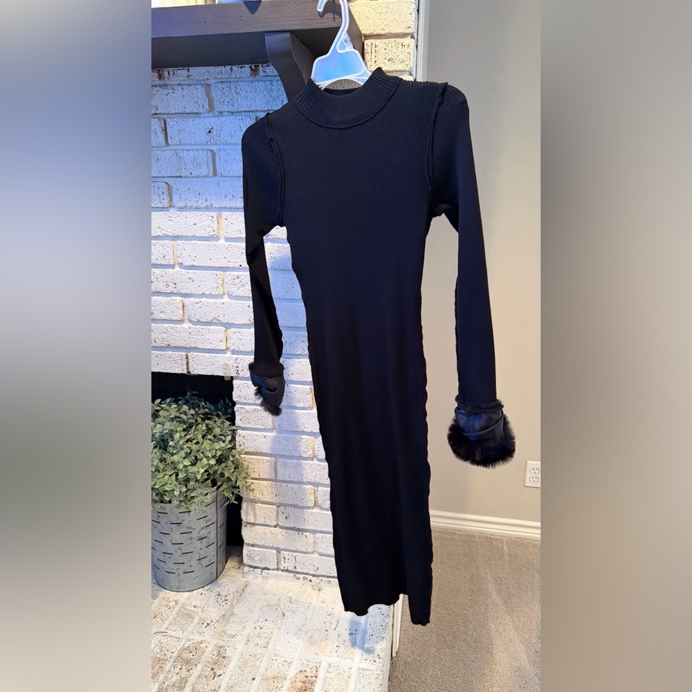 Black Midi Dress with Fur Cuffs